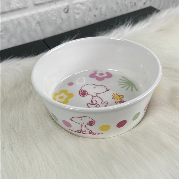 Peanuts Other - Peanuts Ceramic Dog Bowl with Snoopy and Woodstock – White, Pink, Yellow, Green